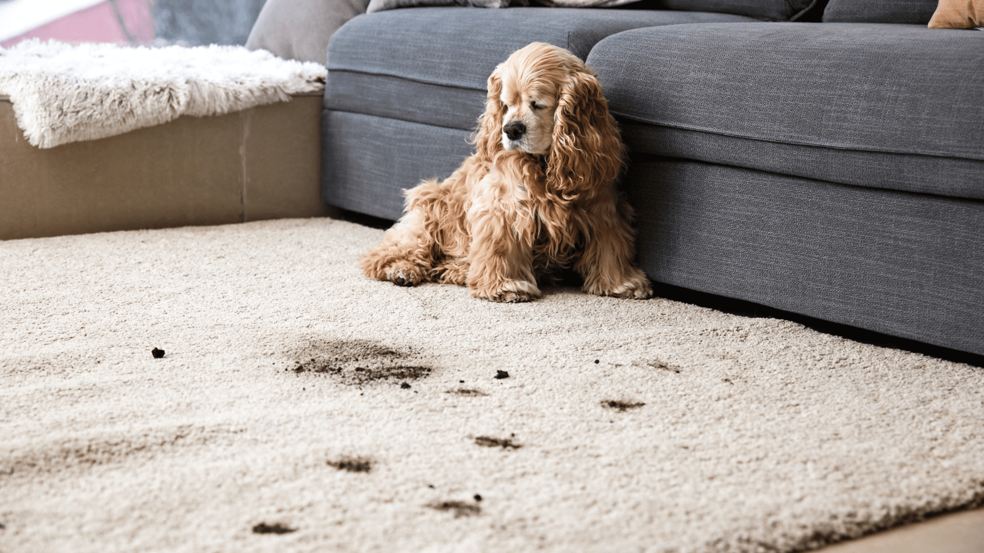dog with muddy pawprints on carpet