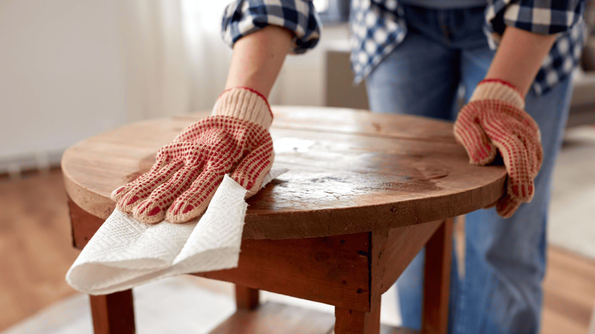 wiping wooden table